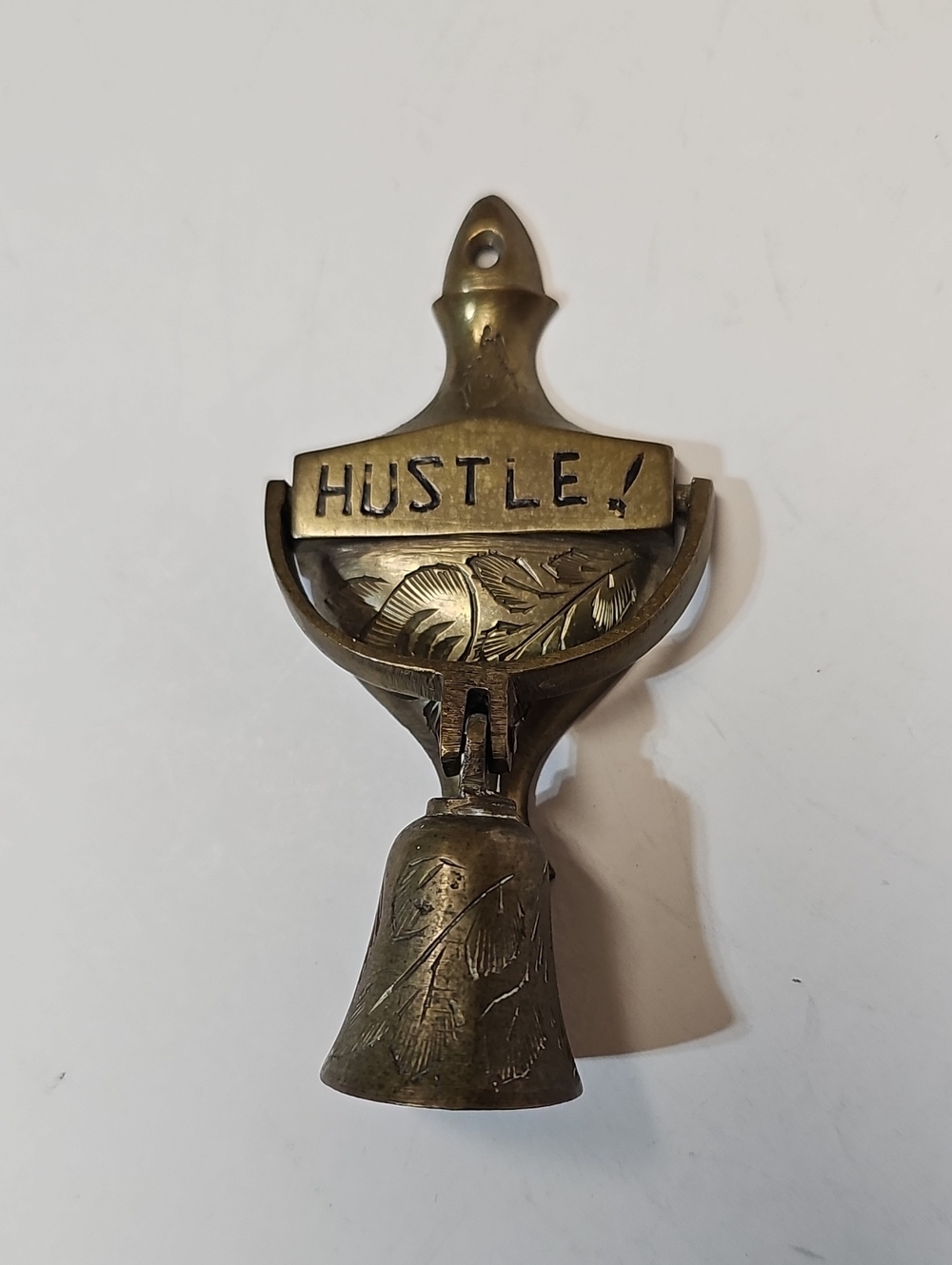 Vintage Brass 'HUSTLE!' Door Knocker- Etched Floral Details - Sarna India 78A-3